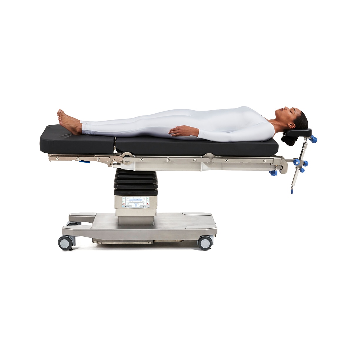 Patient positioned with Hillrom ENT or ophthalmic headrest.